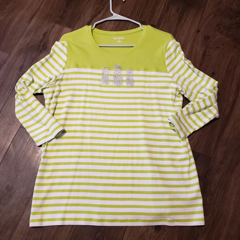 Kim Roger's Green White Striped Women's Shirt Pineapples Sz  XL